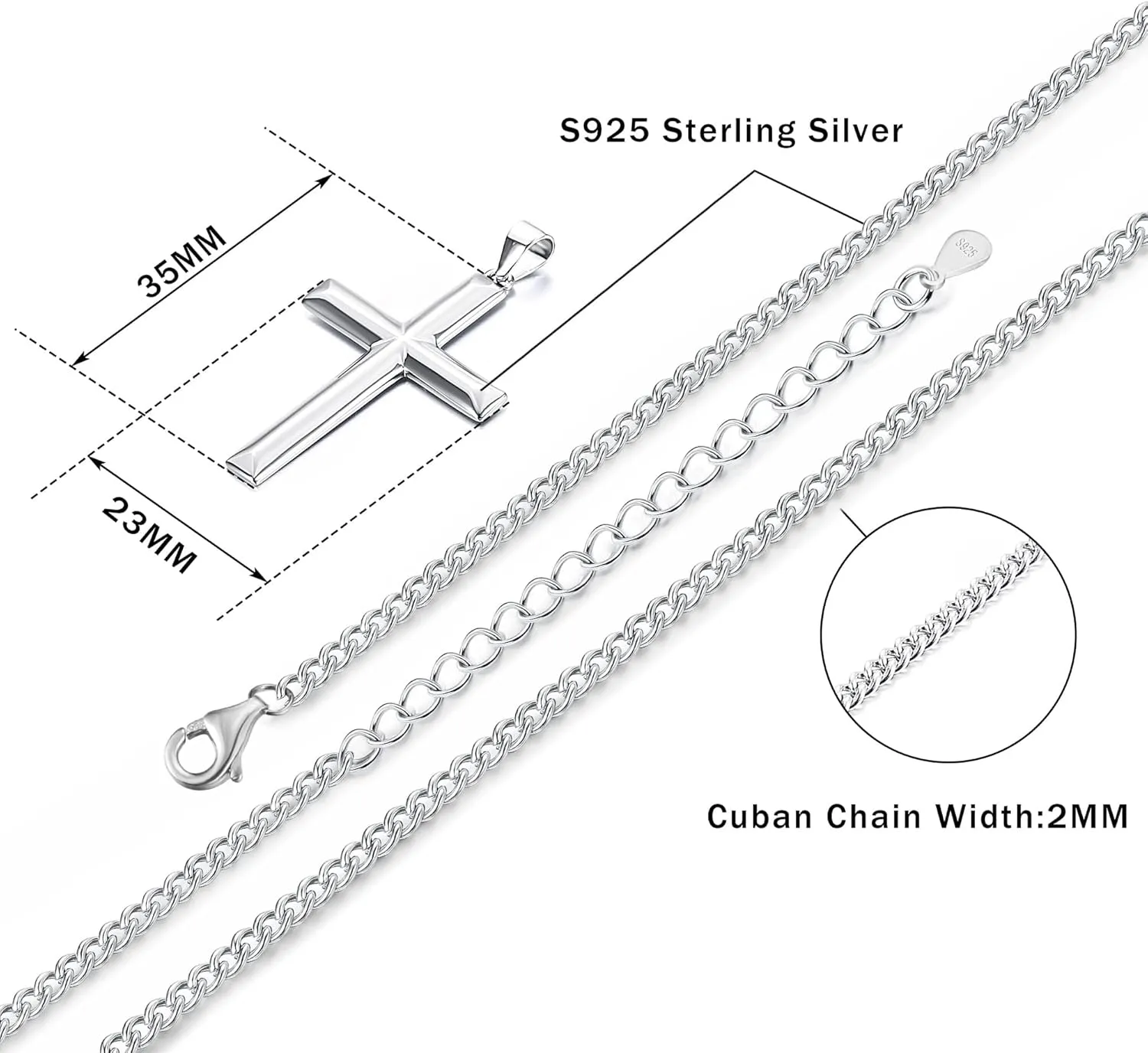 MILACOLATO Solid S925 Sterling Silver Cross Necklace for Men Women | 2mm Durable Sterling Silver Cuban Link Curb Chain Cross Pendant Necklace | Crucifix Cross Pendant Necklace Jewelry 16-24 Inches