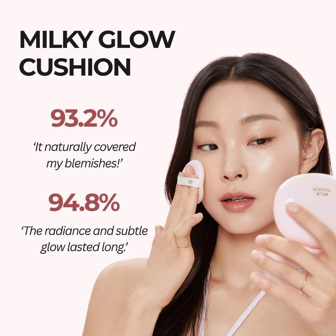 milktouch Cushion Foundation, 24H Flawless Skin, Radiant Shine, No Oxidation, Long-Lasting, Non-Creasing, 60% Hydrating Skincare Infused Korean Foundation, Valentines Gifts (19C Rosy Ivory)