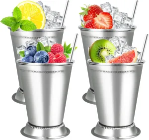 Mint Julep Cups，Silver Cups，Stainless Steel Glasses Set,Each one holds 12 ounces,Julep cup is a commonly used drinking vessel for summer parties,family gatherings,restaurants,bars，KentuckyDerby 4 Pcs