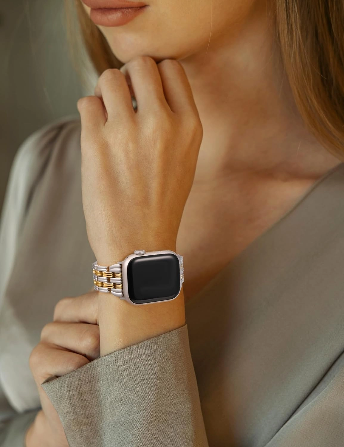 Minyee Compatible with Apple Watch Band 42/41/40/38/44/45/46/49mm Women, Dressy Basketweave Metal Strap Designer Gold Silver Link Bracelet Wristband for iWatch Series 10 9 8 7 6 5 4 3 Ultra SE