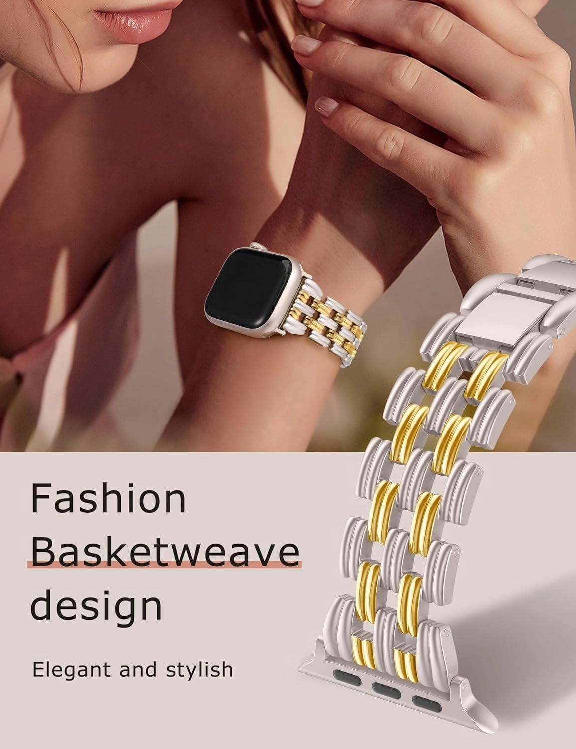 Minyee Compatible with Apple Watch Band 42/41/40/38/44/45/46/49mm Women, Dressy Basketweave Metal Strap Designer Gold Silver Link Bracelet Wristband for iWatch Series 10 9 8 7 6 5 4 3 Ultra SE