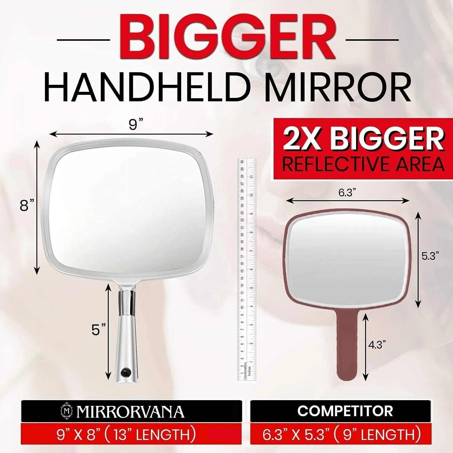 MIRRORVANA Professional Large Hand Mirror with Ergonomic Handle for Men & Women - Premium Handheld Haircut Mirrors for Barber and Salon - 9" x 13" (Elegant Silver Luxe Edition)
