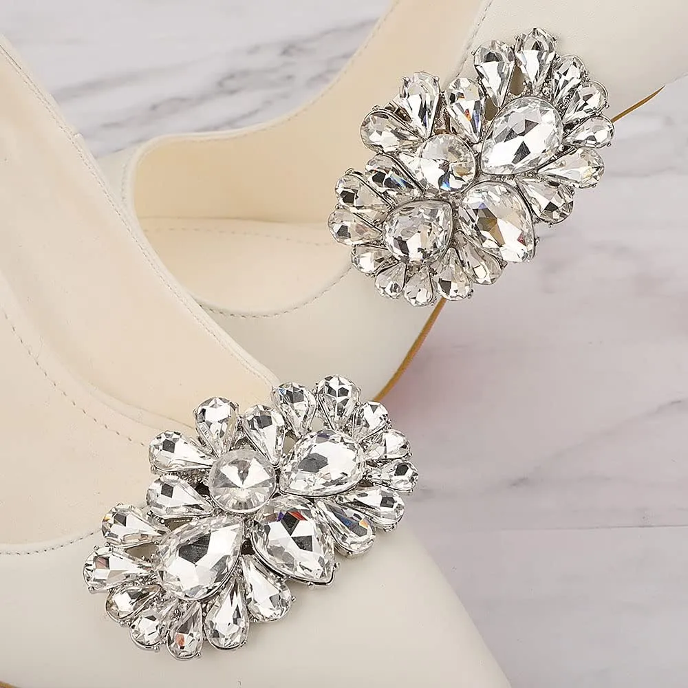Missgrace Women Sparkling Rhinestone Silver Shoe Clips Wedding Bridal Shoe Buckles Decorations Rhinestones Shiny Clips for Jewelry Shoes 2Pcs (Silver)