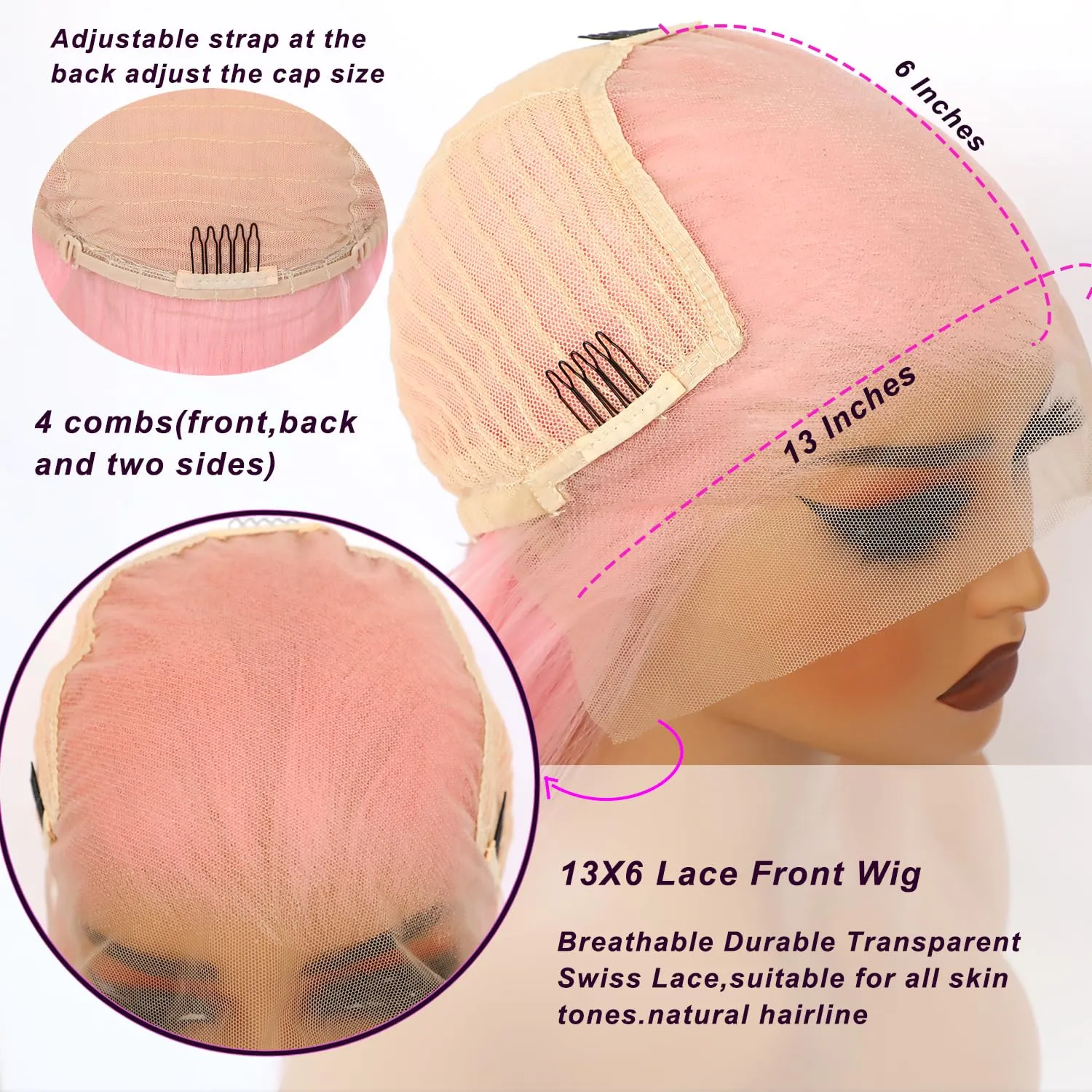 Missyvan 13X6 Pink Lace Front Wigs Long Silk Straight Baby Pink Hair Wigs Glueless Synthetic Hair Light Pink Heat Resistant Fiber Natural Hairline