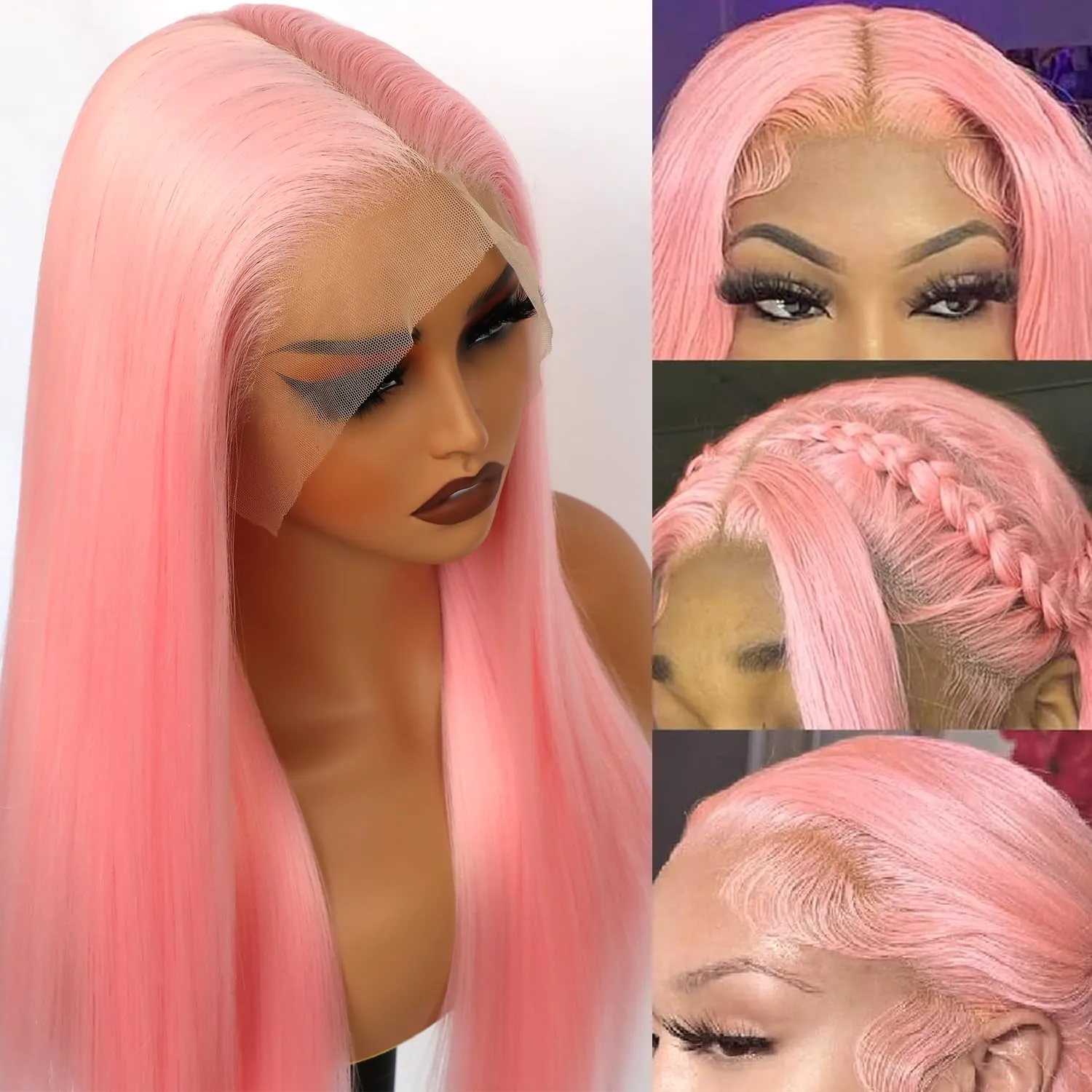 Missyvan 13X6 Pink Lace Front Wigs Long Silk Straight Baby Pink Hair Wigs Glueless Synthetic Hair Light Pink Heat Resistant Fiber Natural Hairline