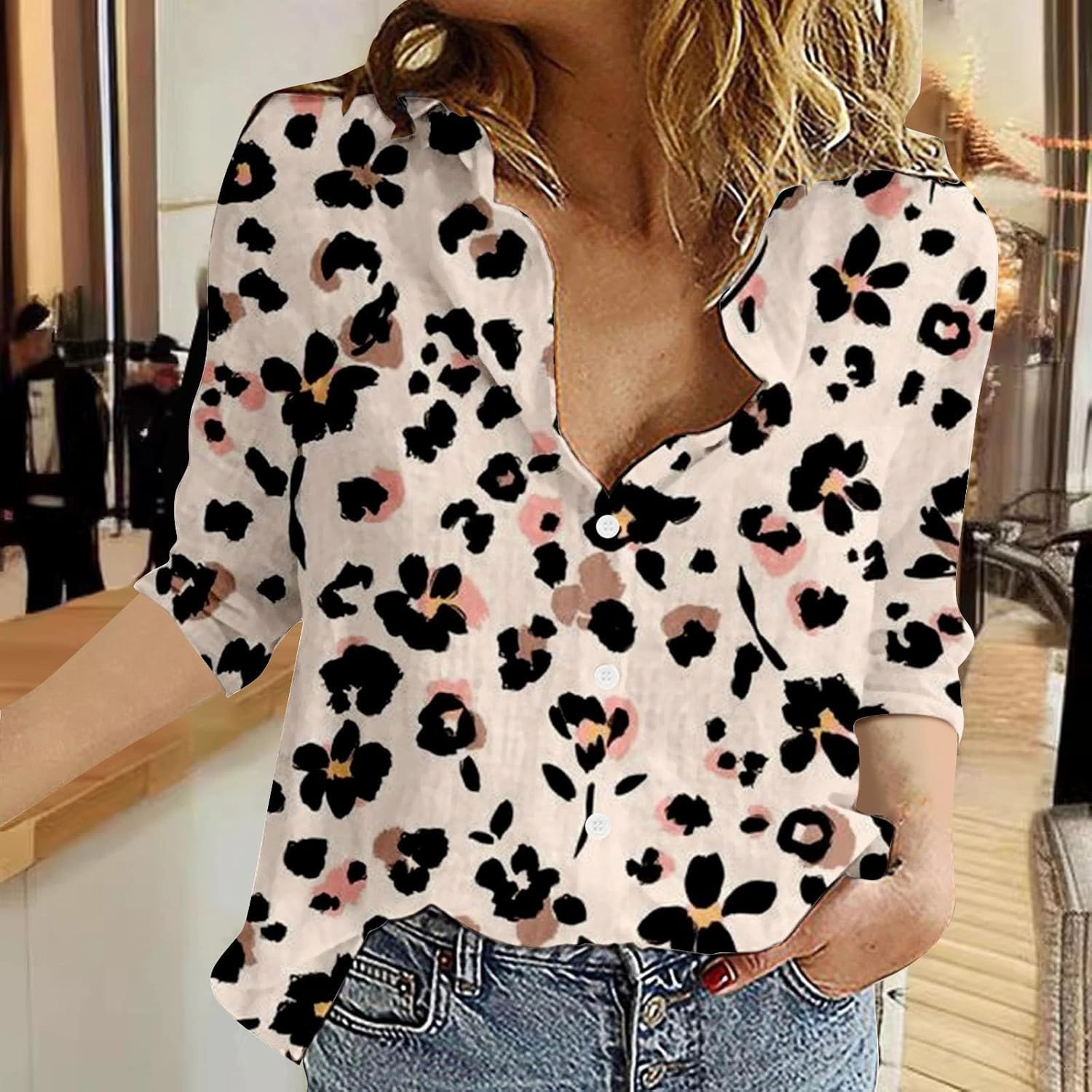 Miyaomn Casual Floral Linen Tops for Women Long Sleeve Button Down Shirts All Over Print V Neck Loose Fit Summer Fall Blouses