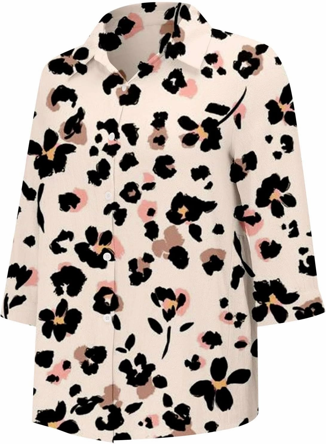 Miyaomn Casual Floral Linen Tops for Women Long Sleeve Button Down Shirts All Over Print V Neck Loose Fit Summer Fall Blouses