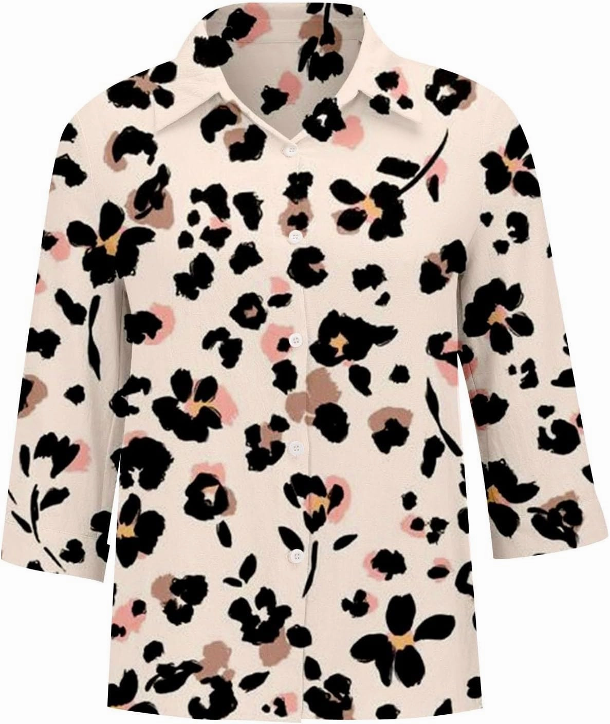 Miyaomn Casual Floral Linen Tops for Women Long Sleeve Button Down Shirts All Over Print V Neck Loose Fit Summer Fall Blouses