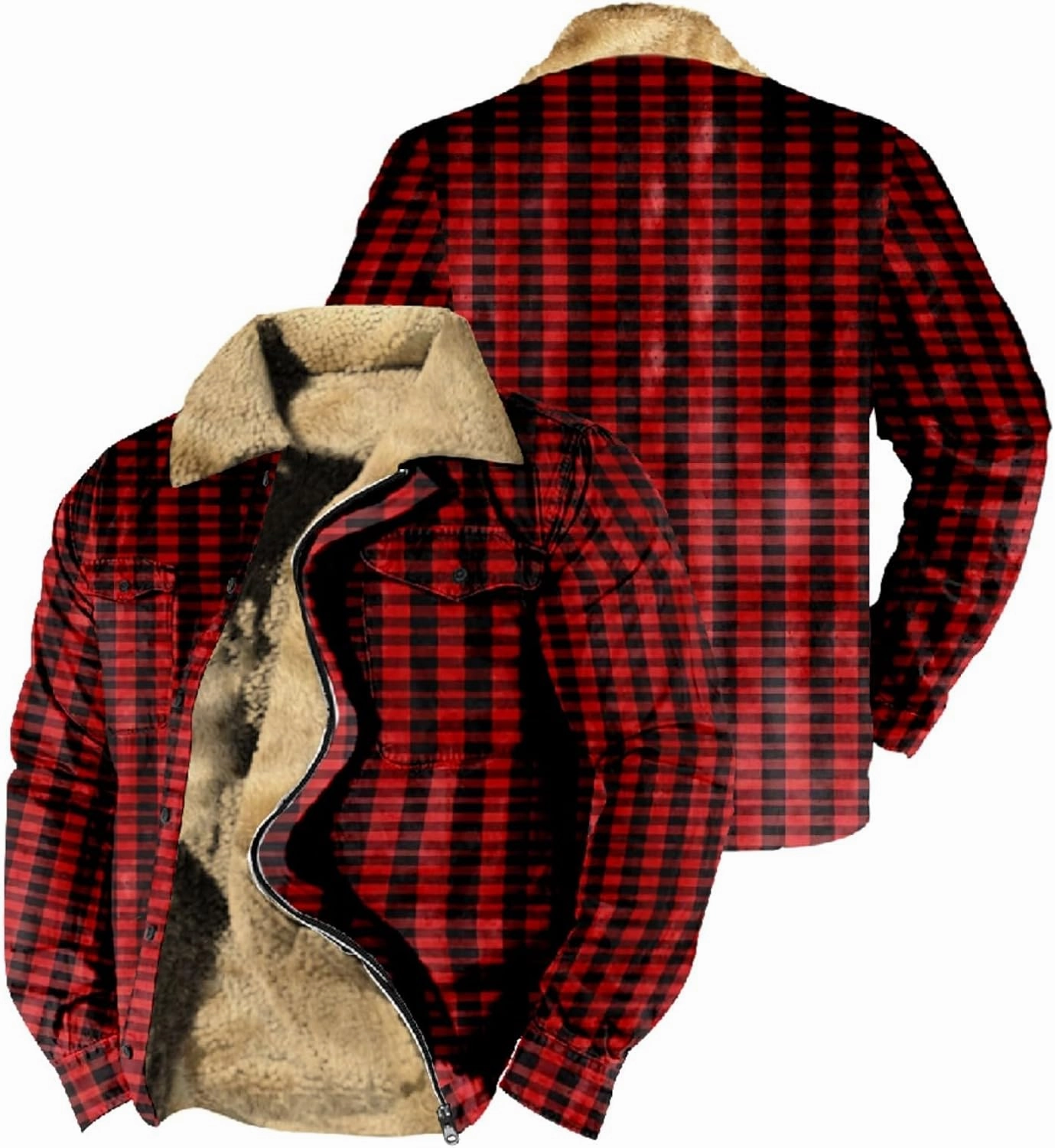 Miyaomn Outdoor Casual Plaid Flannel Button Down Shirt Jackets for Men Vintage Zip Long Sleeve Warm Fleece Sherpa Lined Coats