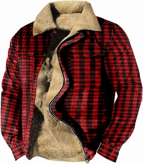 Miyaomn Outdoor Casual Plaid Flannel Button Down Shirt Jackets for Men Vintage Zip Long Sleeve Warm Fleece Sherpa Lined Coats