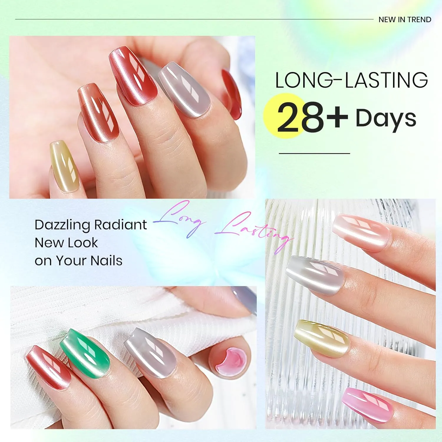 MIZHSE Cat Eye Gel Nail Polish Set: 8 Colors Moonlight Magnetic Gel Polish with Magnet Stick, Glass Effect Shimmer Pink Green Red Colors Ceramic Nail Gel Soak Off Nail Art Salon Home Gift for Women