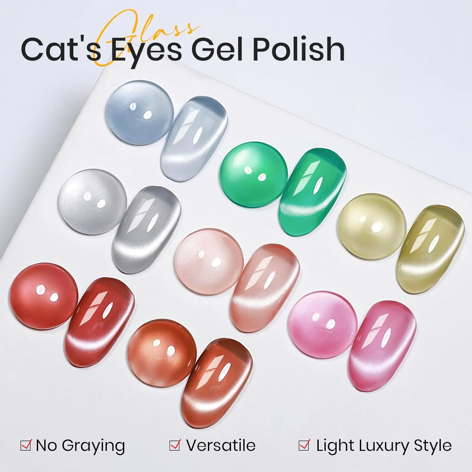 MIZHSE Cat Eye Gel Nail Polish Set: 8 Colors Moonlight Magnetic Gel Polish with Magnet Stick, Glass Effect Shimmer Pink Green Red Colors Ceramic Nail Gel Soak Off Nail Art Salon Home Gift for Women