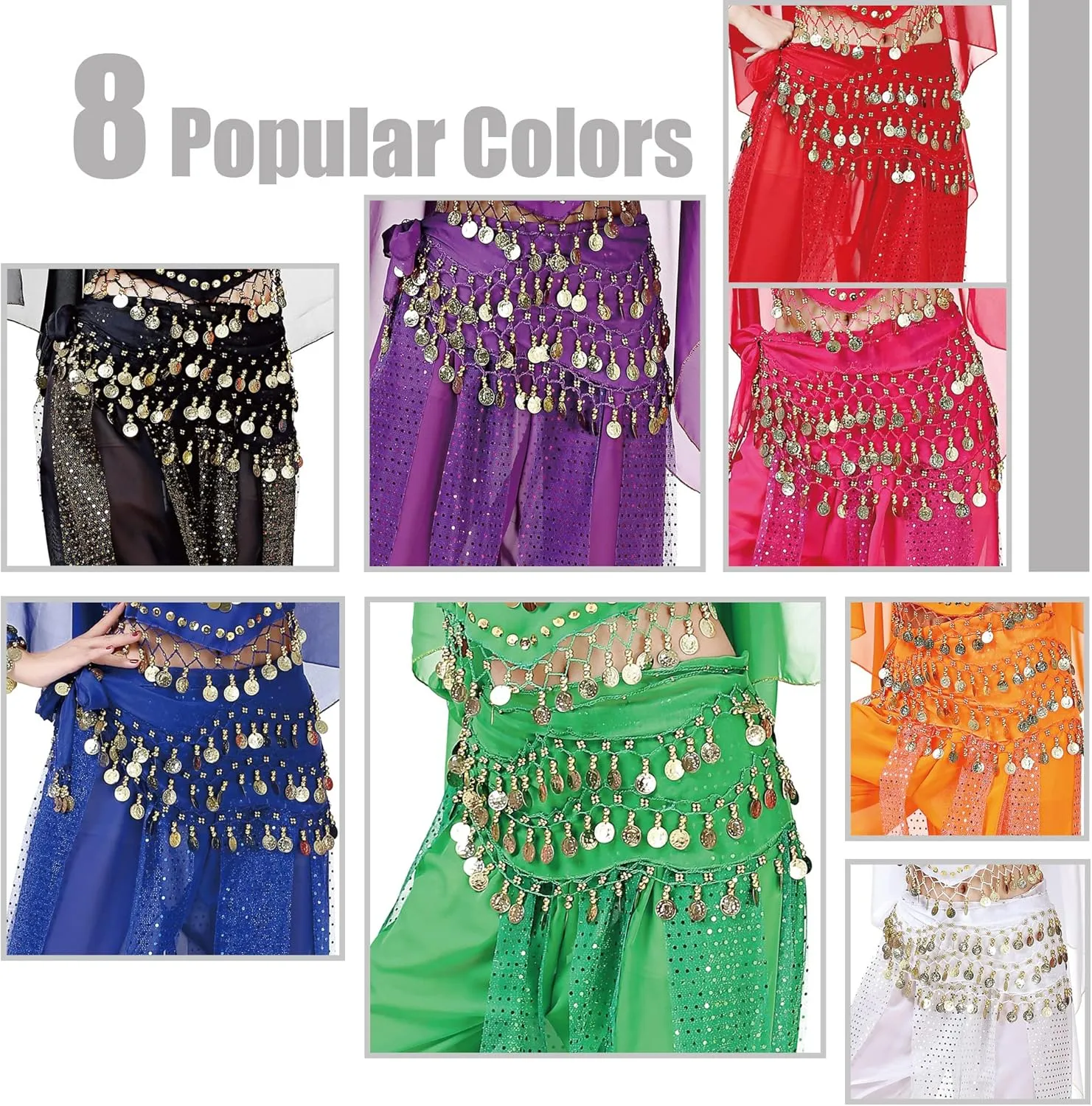 MOLFUJ 8 Pcs Belly Dance Hip Scarf, Belly Dancing Skirt with 128 Gold Coins, Belly Dancer Belt Scarf Skirt for Women 8 Colors