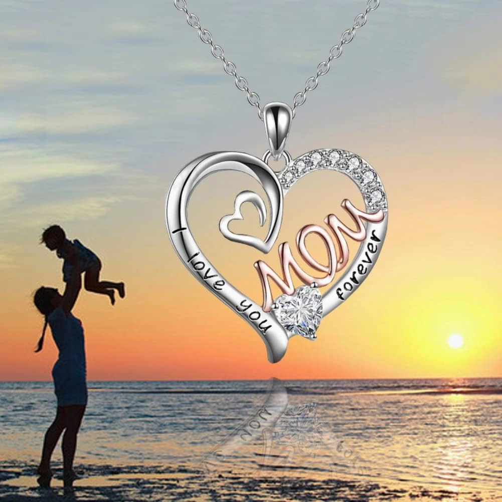 Mothers Necklace Gifts for Mom from Daughter Son, I Love You Mom Necklace Heart Pendant Rhinestone Jewelry with Box Birthday Mothers Day Gifts for Women