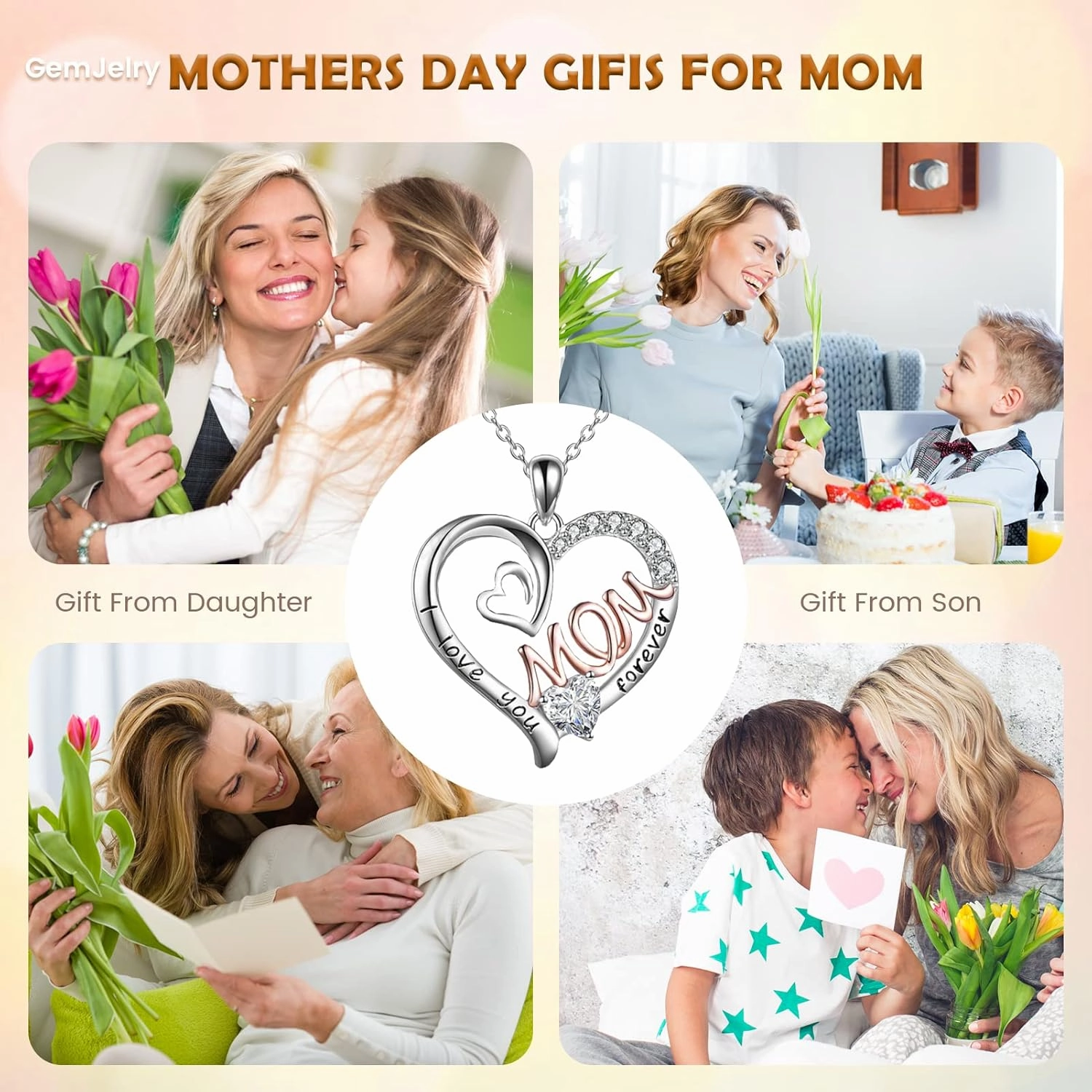 Mothers Necklace Gifts for Mom from Daughter Son, I Love You Mom Necklace Heart Pendant Rhinestone Jewelry with Box Birthday Mothers Day Gifts for Women