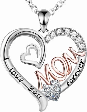 Mothers Necklace Gifts for Mom from Daughter Son, I Love You Mom Necklace Heart Pendant Rhinestone Jewelry with Box Birthday Mothers Day Gifts for Women