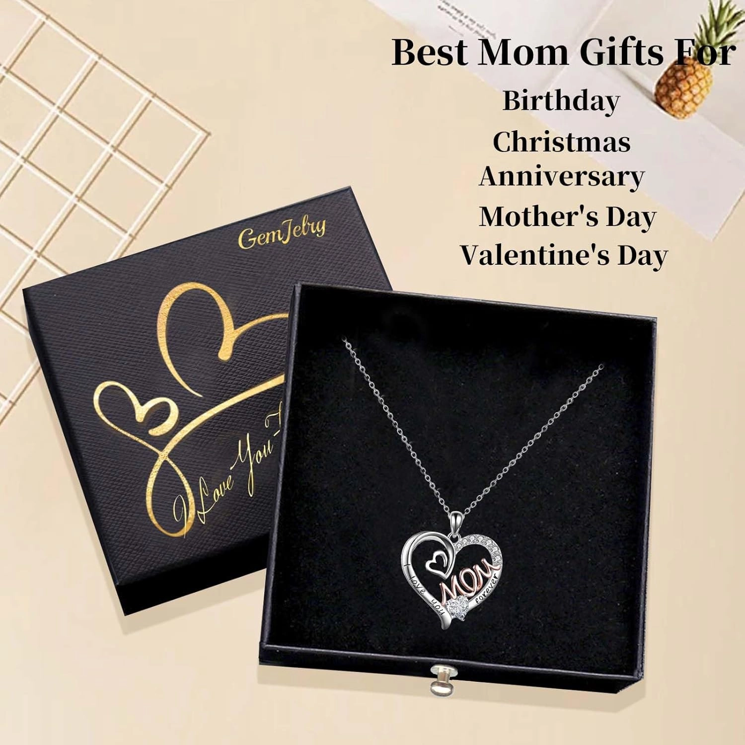 Mothers Necklace Gifts for Mom from Daughter Son, I Love You Mom Necklace Heart Pendant Rhinestone Jewelry with Box Birthday Mothers Day Gifts for Women