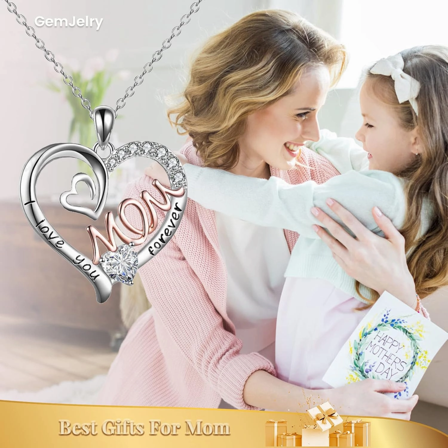 Mothers Necklace Gifts for Mom from Daughter Son, I Love You Mom Necklace Heart Pendant Rhinestone Jewelry with Box Birthday Mothers Day Gifts for Women