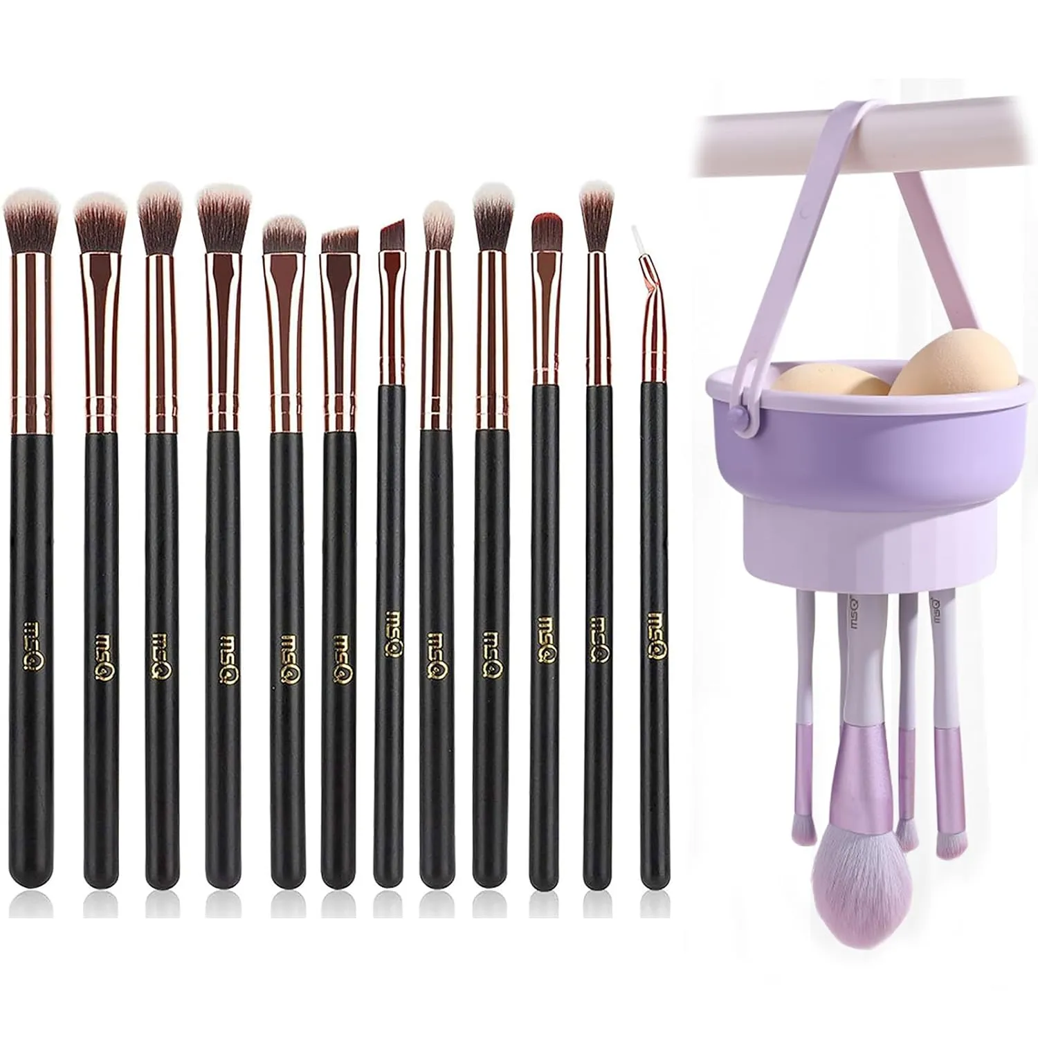 MSQ 3 In 1 Silicone Makeup Brush Cleaner Bowl Mat with Brush Drying Holder and 12pcs Rose Gold Eyeshadow Makeup Brushes Set