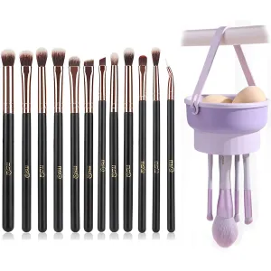 MSQ 3 In 1 Silicone Makeup Brush Cleaner Bowl Mat with Brush Drying Holder and 12pcs Rose Gold Eyeshadow Makeup Brushes Set