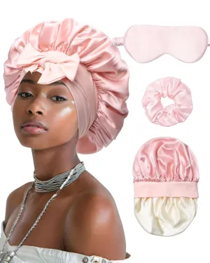 Mulberry Silk Bonnet for Sleeping Women Curly Hair Bonnet With Tie Band Double Layer Reversible Sleep Bonnet Silk Hair Wrap Sleep Cap (Pink   Beige)