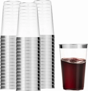 Munfix 100 Silver Plastic Tumblers - 16 Oz Clear, Elegant Wedding & Party Cups with Silver Rim