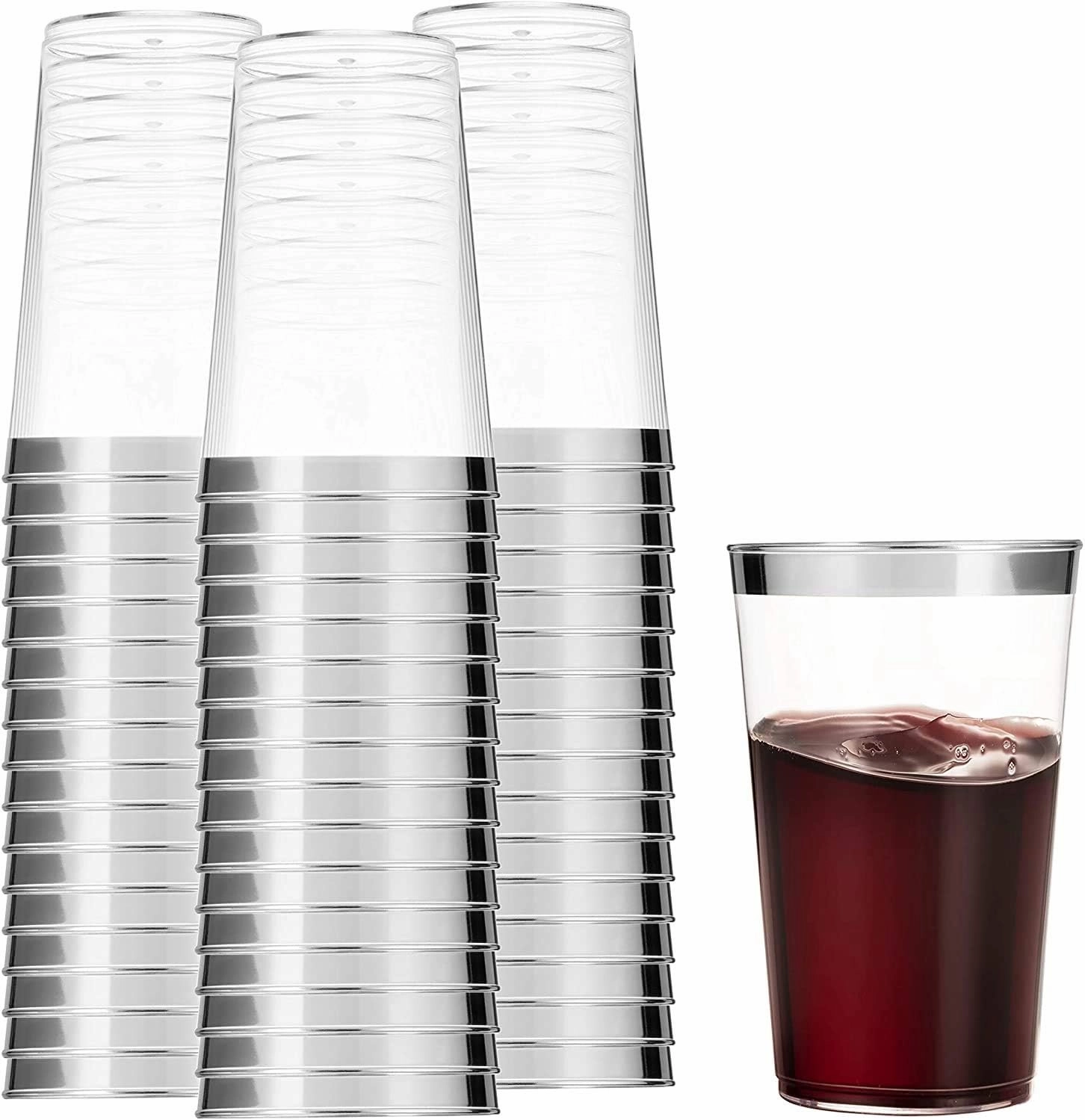 Munfix 100 Silver Plastic Tumblers - 16 Oz Clear, Elegant Wedding & Party Cups with Silver Rim