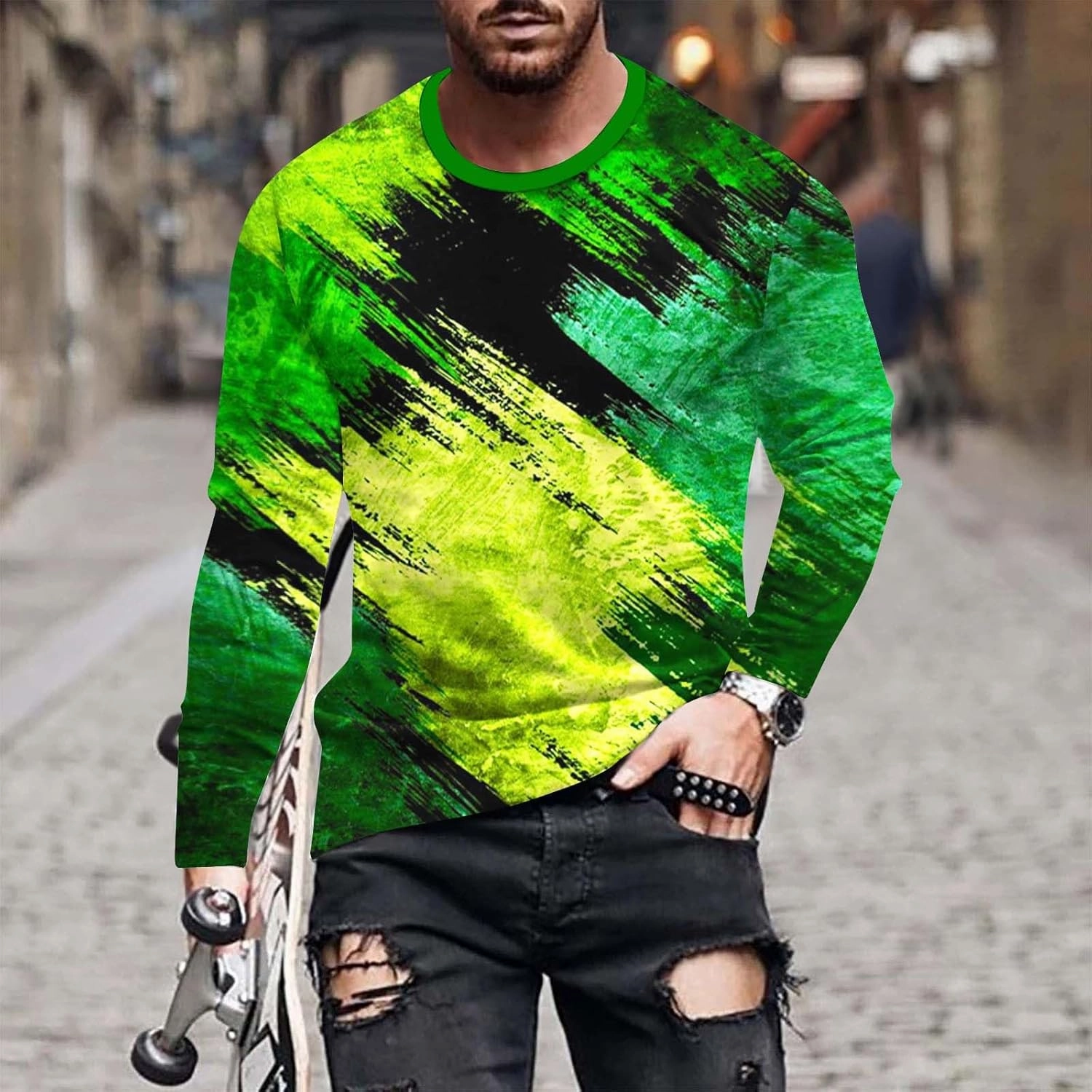 Muscularfit Crewneck Sweatshirt for Men 2024 Fashion Long Sleeve Contrast Color Pullover Blouse Casual Stylish Athletic Shirt
