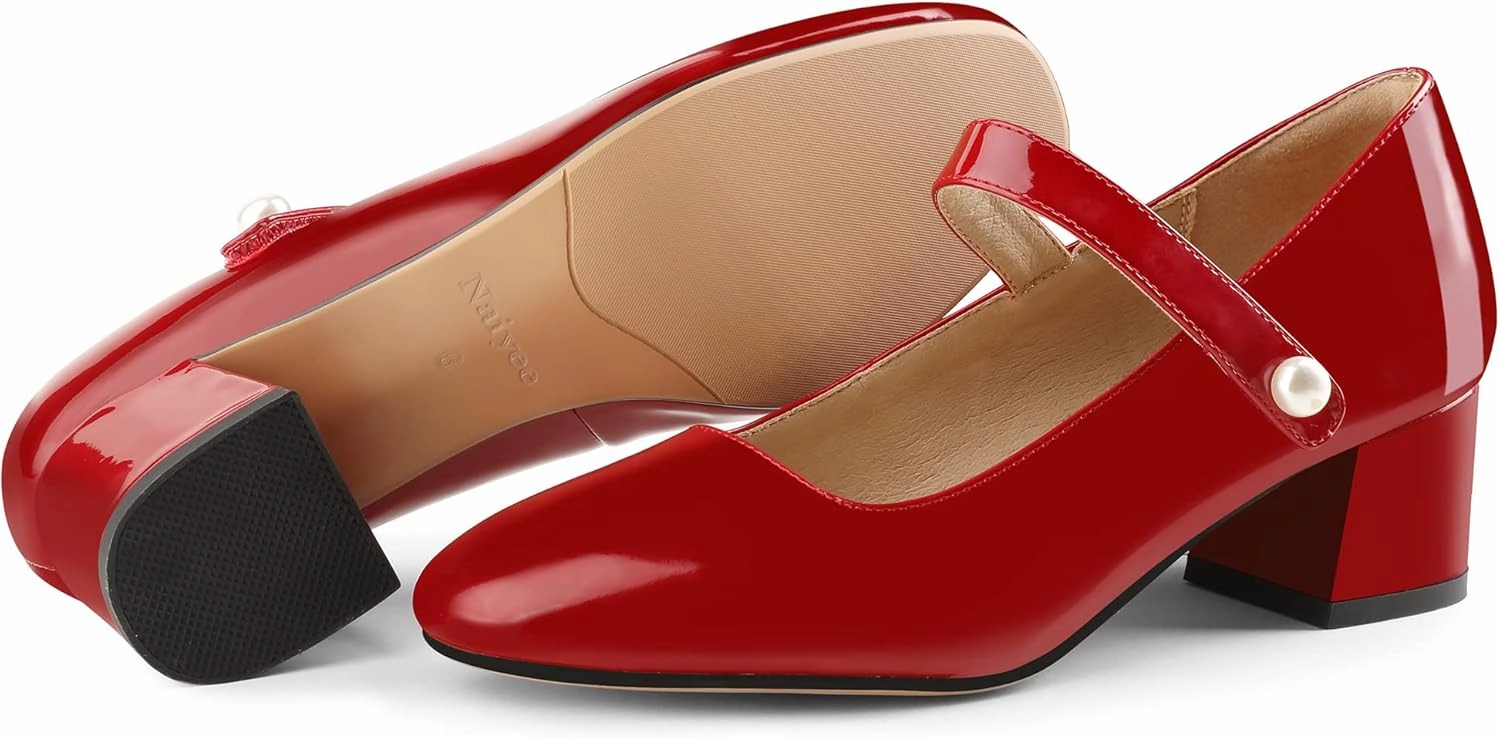 Naiyee Mary Jane Shoes Women Chunky Heel Ankle Strap Dress Shoes for Women Low Heels Close Rounded Toe Pumps