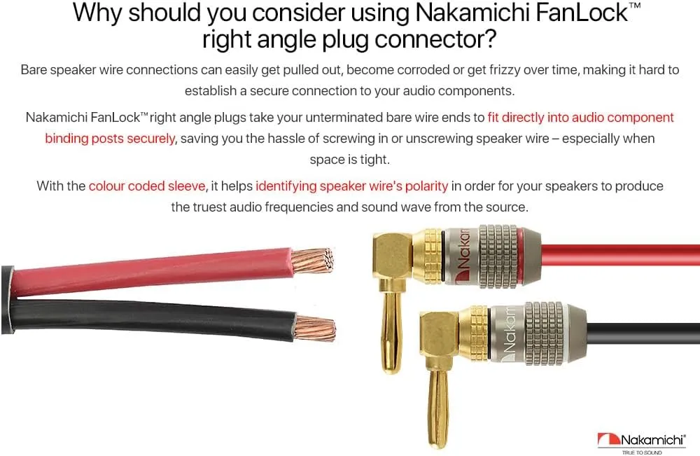 Nakamichi FanLock Excel Series 24k Gold Plated Right-Angle 90 Degree Banana Plug 10 AWG - 18 AWG Gauge Size 4mm for Speakers Amplifier Hi-Fi Home Theatre Wire Cable Quick Connector, 8 Pcs (4-Pairs)