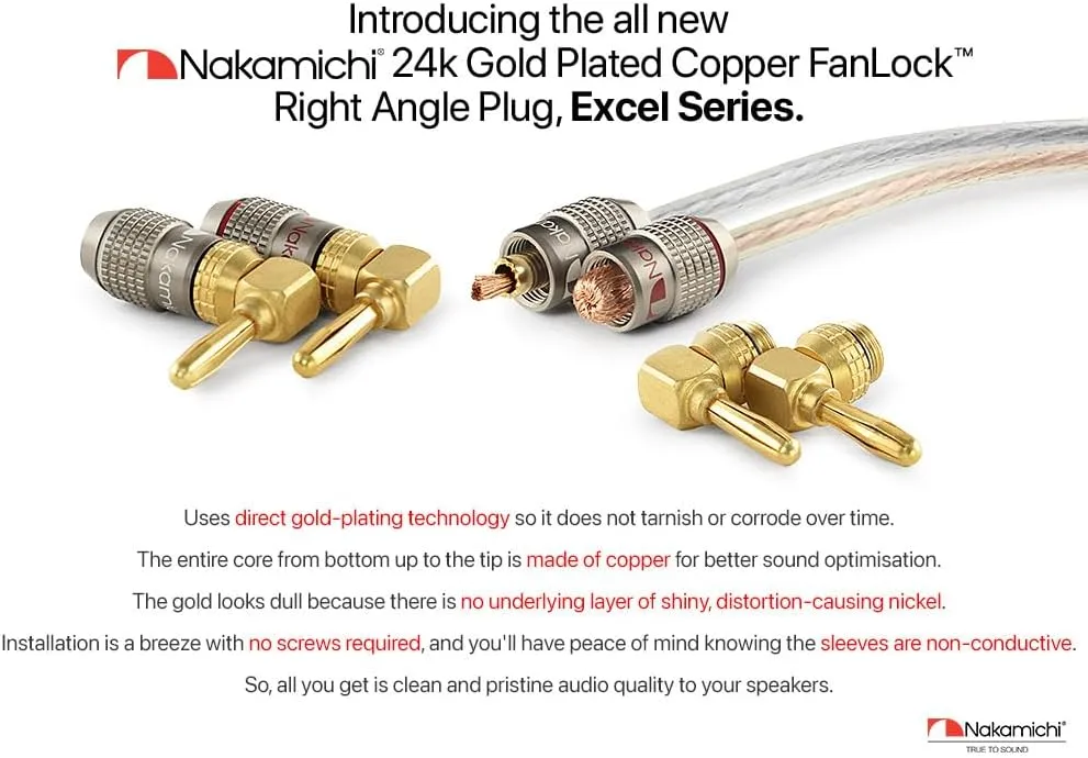 Nakamichi FanLock Excel Series 24k Gold Plated Right-Angle 90 Degree Banana Plug 10 AWG - 18 AWG Gauge Size 4mm for Speakers Amplifier Hi-Fi Home Theatre Wire Cable Quick Connector, 8 Pcs (4-Pairs)