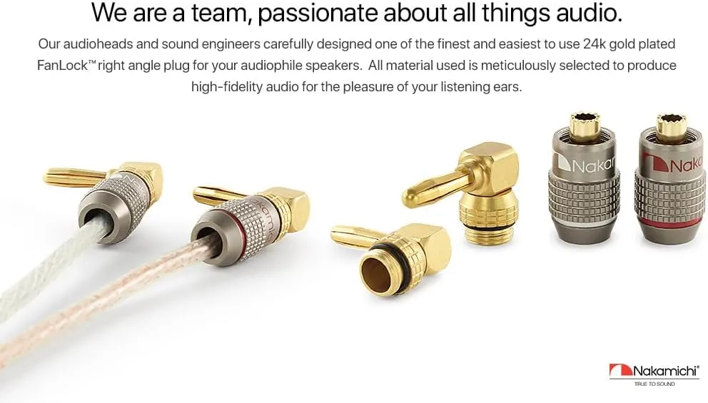 Nakamichi FanLock Excel Series 24k Gold Plated Right-Angle 90 Degree Banana Plug 10 AWG - 18 AWG Gauge Size 4mm for Speakers Amplifier Hi-Fi Home Theatre Wire Cable Quick Connector, 8 Pcs (4-Pairs)