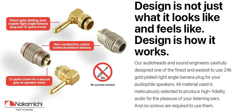 Nakamichi FanLock Excel Series 24k Gold Plated Right-Angle 90 Degree Banana Plug 10 AWG - 18 AWG Gauge Size 4mm for Speakers Amplifier Hi-Fi Home Theatre Wire Cable Quick Connector, 8 Pcs (4-Pairs)