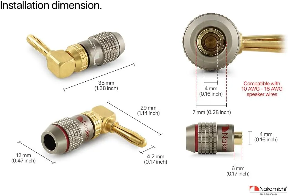 Nakamichi FanLock Excel Series 24k Gold Plated Right-Angle 90 Degree Banana Plug 10 AWG - 18 AWG Gauge Size 4mm for Speakers Amplifier Hi-Fi Home Theatre Wire Cable Quick Connector, 8 Pcs (4-Pairs)