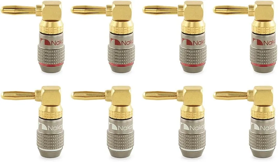 Nakamichi FanLock Excel Series 24k Gold Plated Right-Angle 90 Degree Banana Plug 10 AWG - 18 AWG Gauge Size 4mm for Speakers Amplifier Hi-Fi Home Theatre Wire Cable Quick Connector, 8 Pcs (4-Pairs)