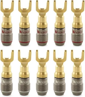 Nakamichi FanLock Excel Series 24k Gold Plated Spade Connector Banana Plug 10 AWG - 18 AWG Gauge Size 4mm for Speakers Amplifier Hi-Fi Home Theatre Wire Cable Quick Connector, 10 Pcs (5-Pairs)