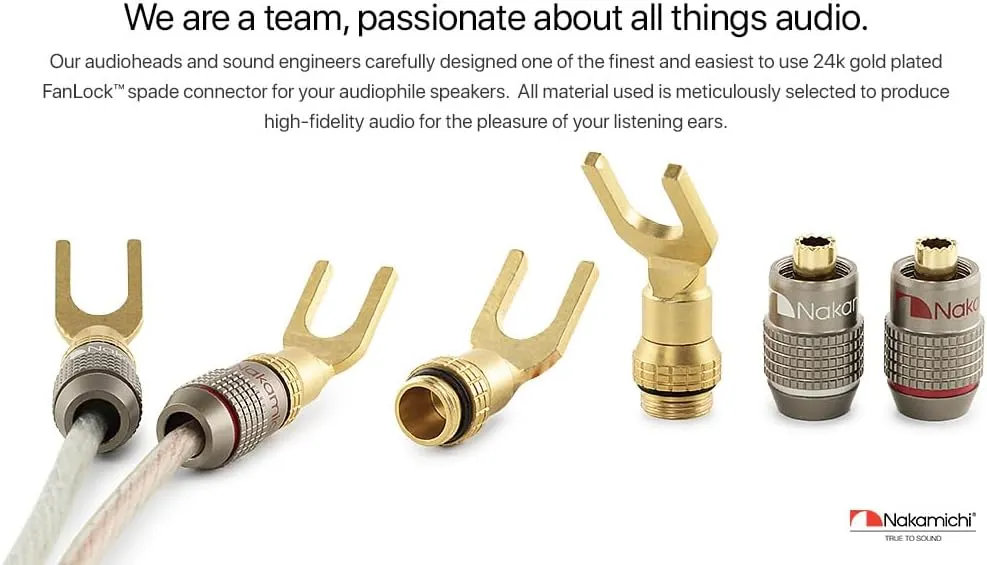 Nakamichi FanLock Excel Series 24k Gold Plated Spade Connector Banana Plug 10 AWG - 18 AWG Gauge Size 4mm for Speakers Amplifier Hi-Fi Home Theatre Wire Cable Quick Connector, 10 Pcs (5-Pairs)