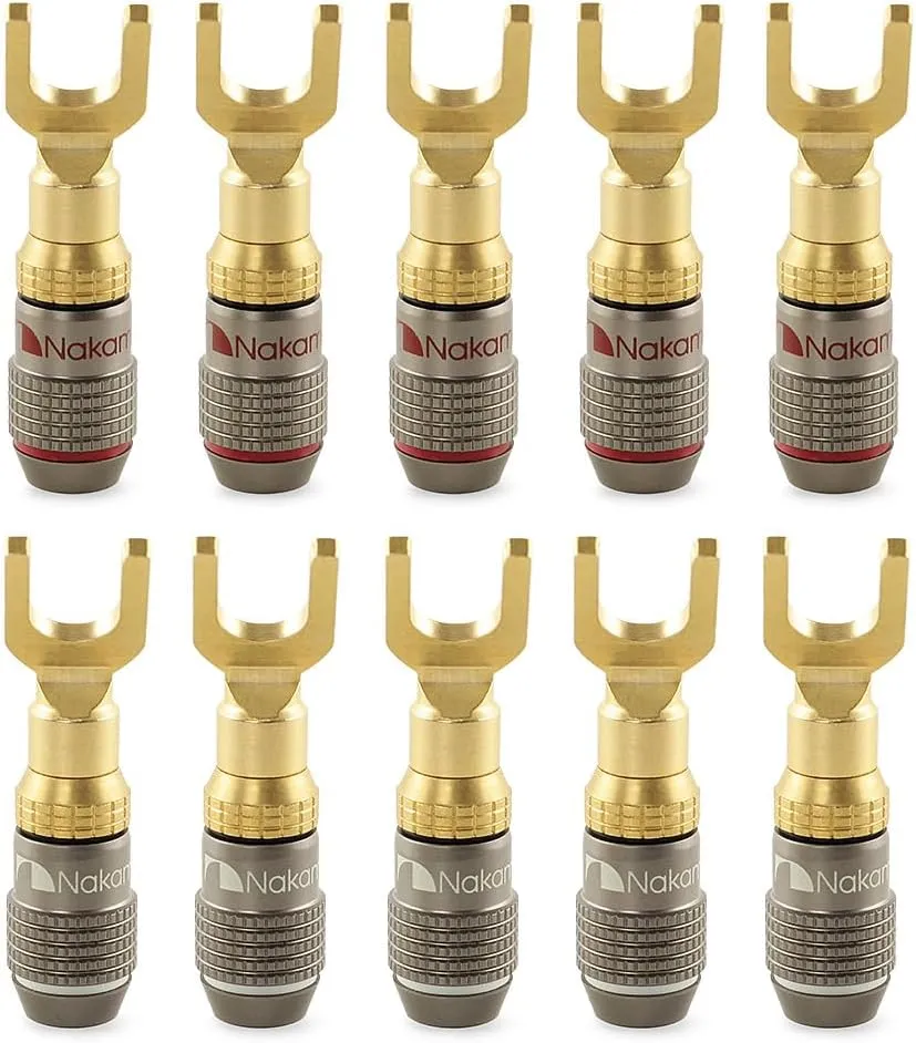 Nakamichi FanLock Excel Series 24k Gold Plated Spade Connector Banana Plug 10 AWG - 18 AWG Gauge Size 4mm for Speakers Amplifier Hi-Fi Home Theatre Wire Cable Quick Connector, 10 Pcs (5-Pairs)