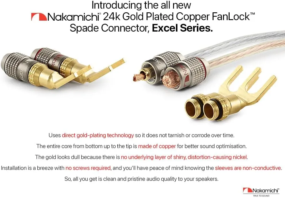 Nakamichi FanLock Excel Series 24k Gold Plated Spade Connector Banana Plug 10 AWG - 18 AWG Gauge Size 4mm for Speakers Amplifier Hi-Fi Home Theatre Wire Cable Quick Connector, 10 Pcs (5-Pairs)