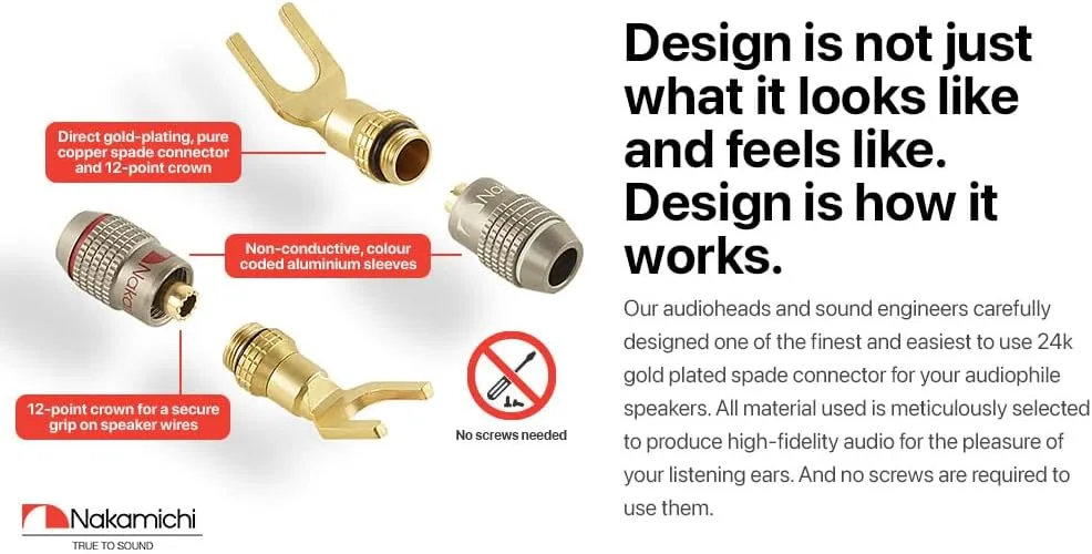 Nakamichi FanLock Excel Series 24k Gold Plated Spade Connector Banana Plug 10 AWG - 18 AWG Gauge Size 4mm for Speakers Amplifier Hi-Fi Home Theatre Wire Cable Quick Connector, 10 Pcs (5-Pairs)