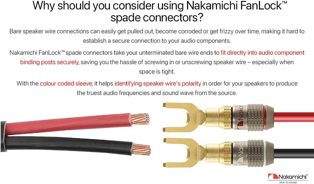 Nakamichi FanLock Excel Series 24k Gold Plated Spade Connector Banana Plug 10 AWG - 18 AWG Gauge Size 4mm for Speakers Amplifier Hi-Fi Home Theatre Wire Cable Quick Connector, 10 Pcs (5-Pairs)