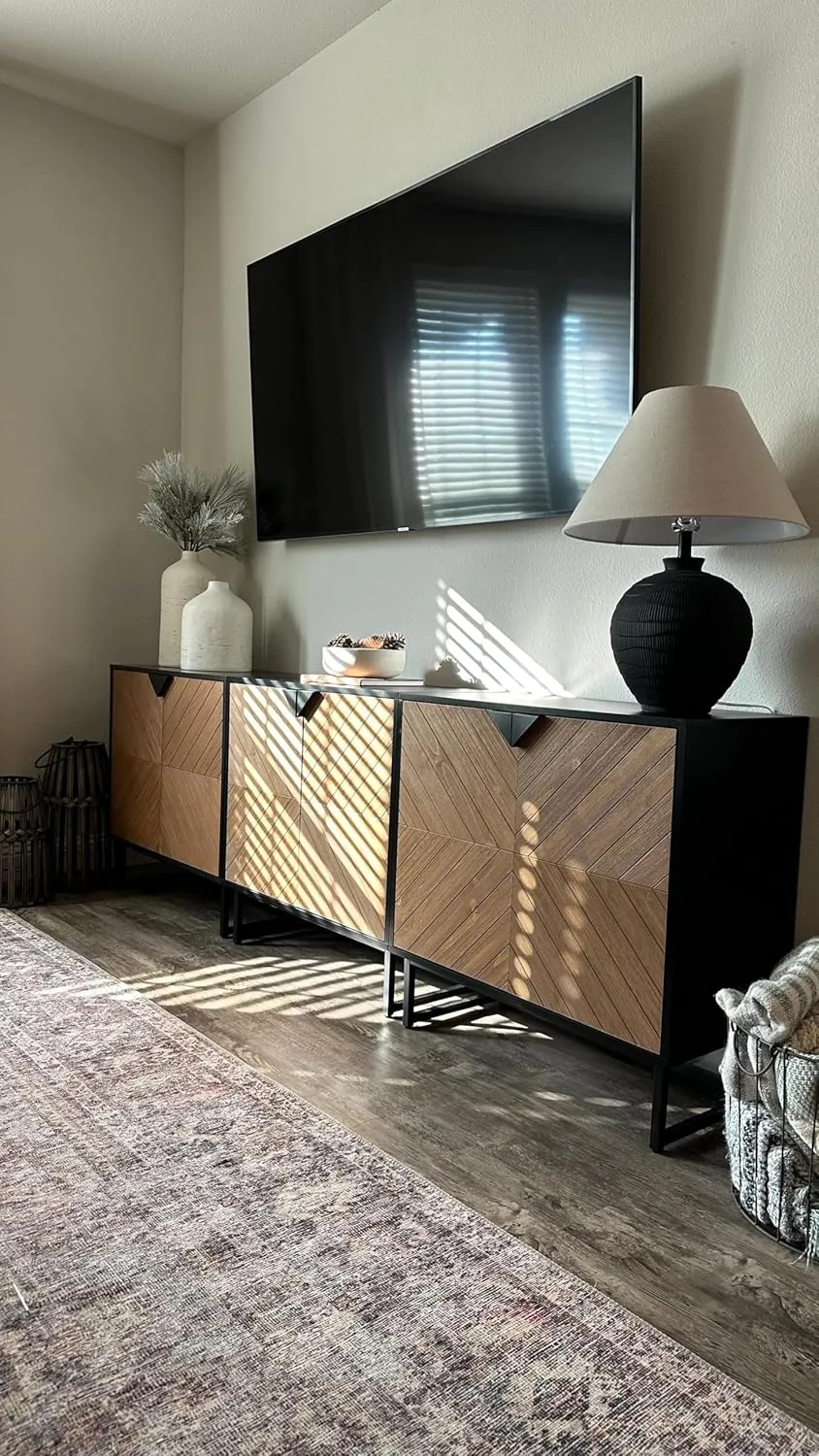 Nathan James Enloe Modern Sideboard Buffet Storage Accent Cabinet Black with Doors in a Rustic Pine Wood Finish and Matte Metal Base for Hallway, Entryway, Kitchen or Living Room, Walnut Brown/Black