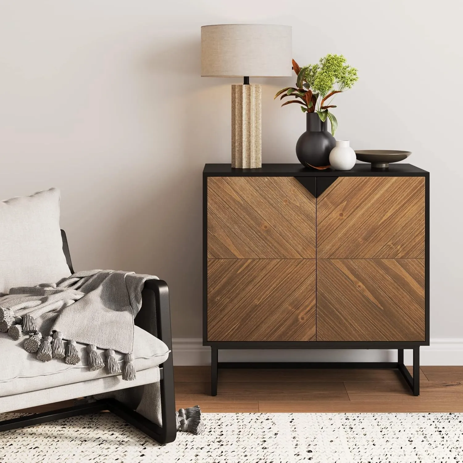 Nathan James Enloe Modern Sideboard Buffet Storage Accent Cabinet Black with Doors in a Rustic Pine Wood Finish and Matte Metal Base for Hallway, Entryway, Kitchen or Living Room, Walnut Brown/Black