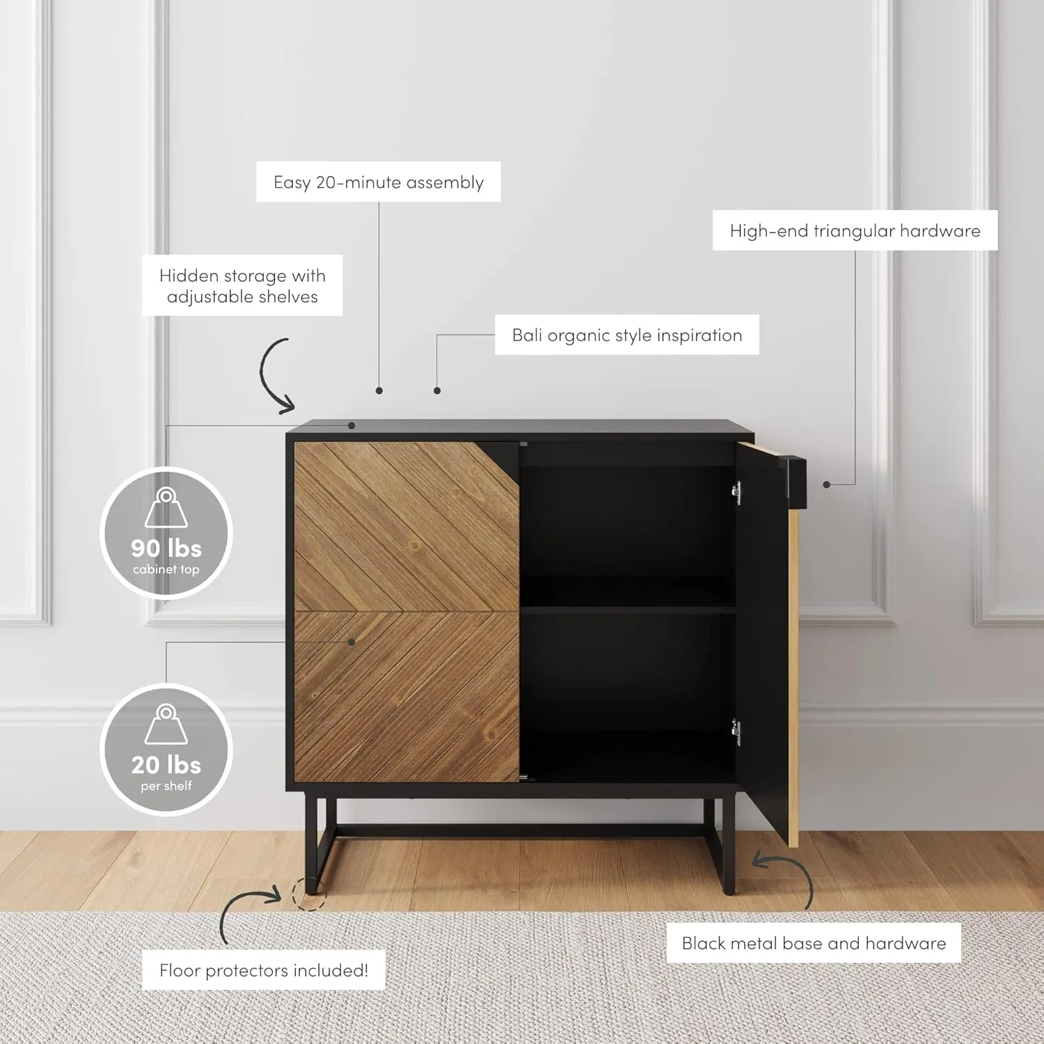 Nathan James Enloe Modern Sideboard Buffet Storage Accent Cabinet Black with Doors in a Rustic Pine Wood Finish and Matte Metal Base for Hallway, Entryway, Kitchen or Living Room, Walnut Brown/Black