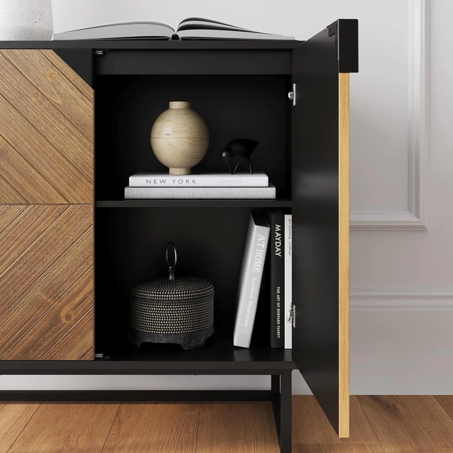 Nathan James Enloe Modern Sideboard Buffet Storage Accent Cabinet Black with Doors in a Rustic Pine Wood Finish and Matte Metal Base for Hallway, Entryway, Kitchen or Living Room, Walnut Brown/Black