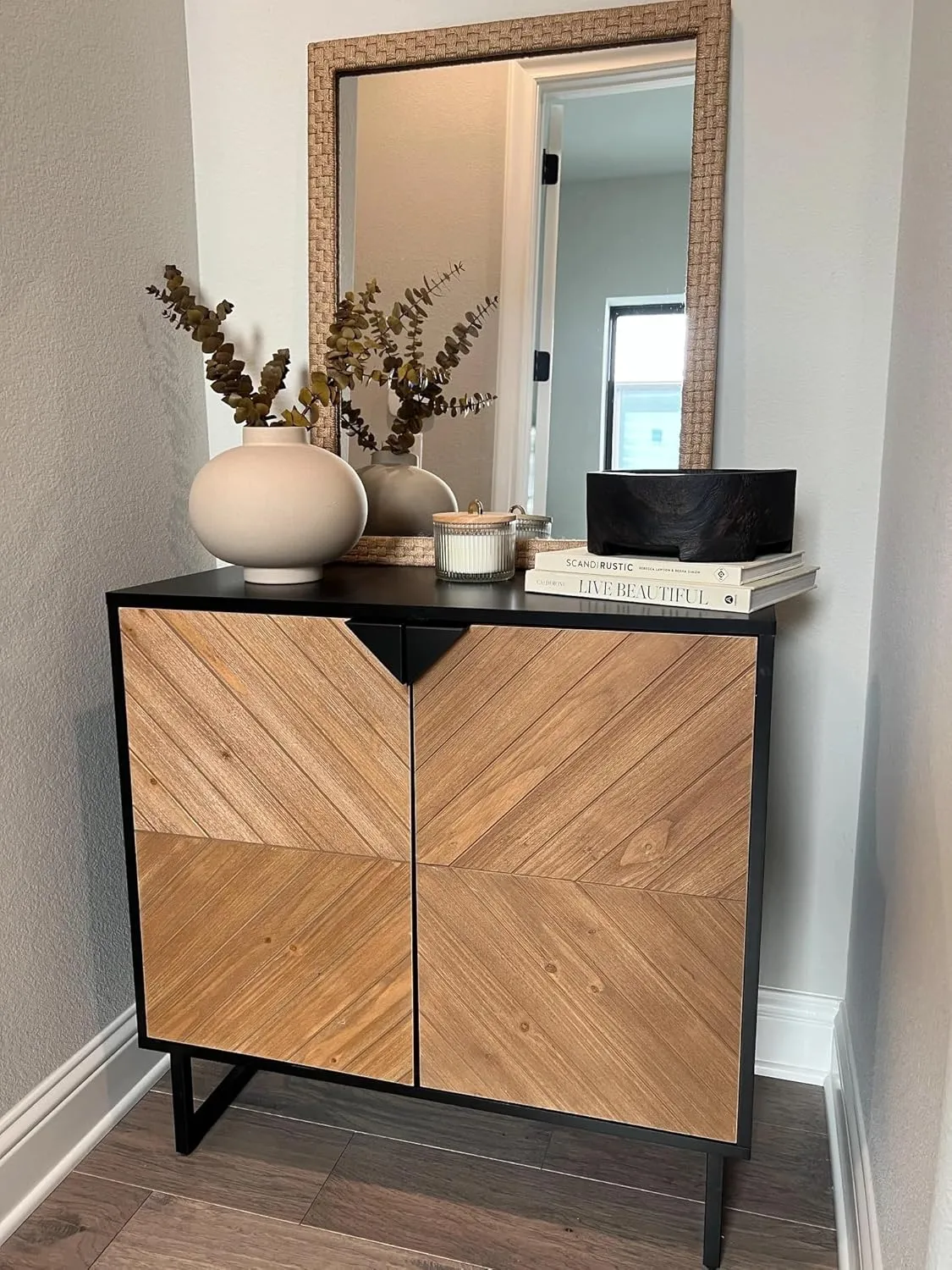 Nathan James Enloe Modern Sideboard Buffet Storage Accent Cabinet Black with Doors in a Rustic Pine Wood Finish and Matte Metal Base for Hallway, Entryway, Kitchen or Living Room, Walnut Brown/Black