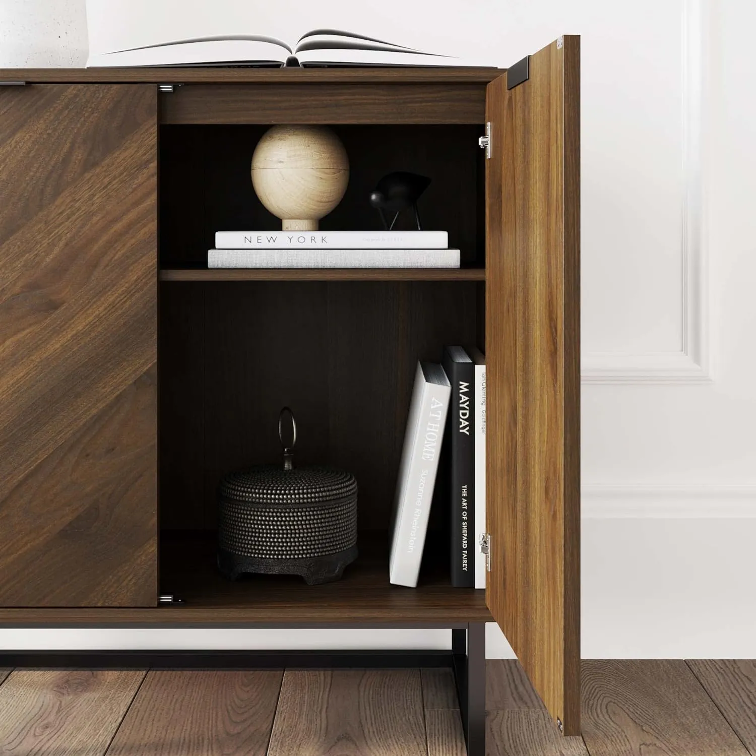 Nathan James Enloe Modern Sideboard Buffet Storage Accent Cabinet with Doors in a Rustic Walnut Finish and Black Matte Metal Base for Hallway, Entryway, Kitchen or Living Room, Walnut/Black