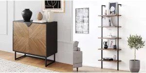 Nathan James Enloe Storage, Buffet, Sideboard, Free Standing Accent Cabinet for Hallway, Entryway & Theo 5-Shelf Oak Wood Modern Bookcase, Open Wall Mount Ladder Bookshelf