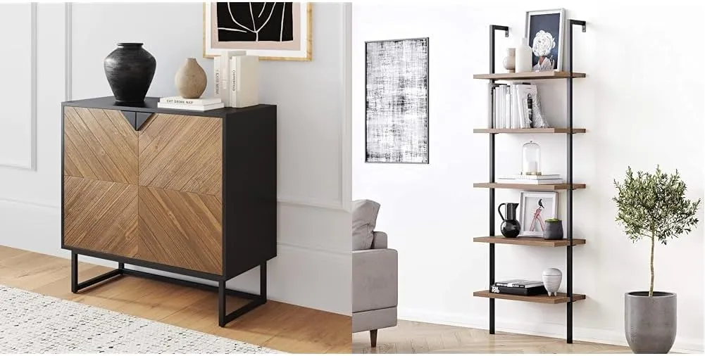 Nathan James Enloe Storage, Buffet, Sideboard, Free Standing Accent Cabinet for Hallway, Entryway & Theo 5-Shelf Oak Wood Modern Bookcase, Open Wall Mount Ladder Bookshelf