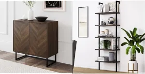 Nathan James Storage, Buffet, Sideboard, Free Standing Accent Cabinet for Hallway, Entryway or Living Room, 1, Walnut/Black & Theo 5-Shelf Wood Modern Bookcase, Open Wall Mount Ladder Bookshelf